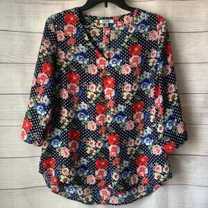 Q&A Floral and Polka Dot Blouse 3/4 Sleeves Roll Tab Boho Rockabilly Size Medium